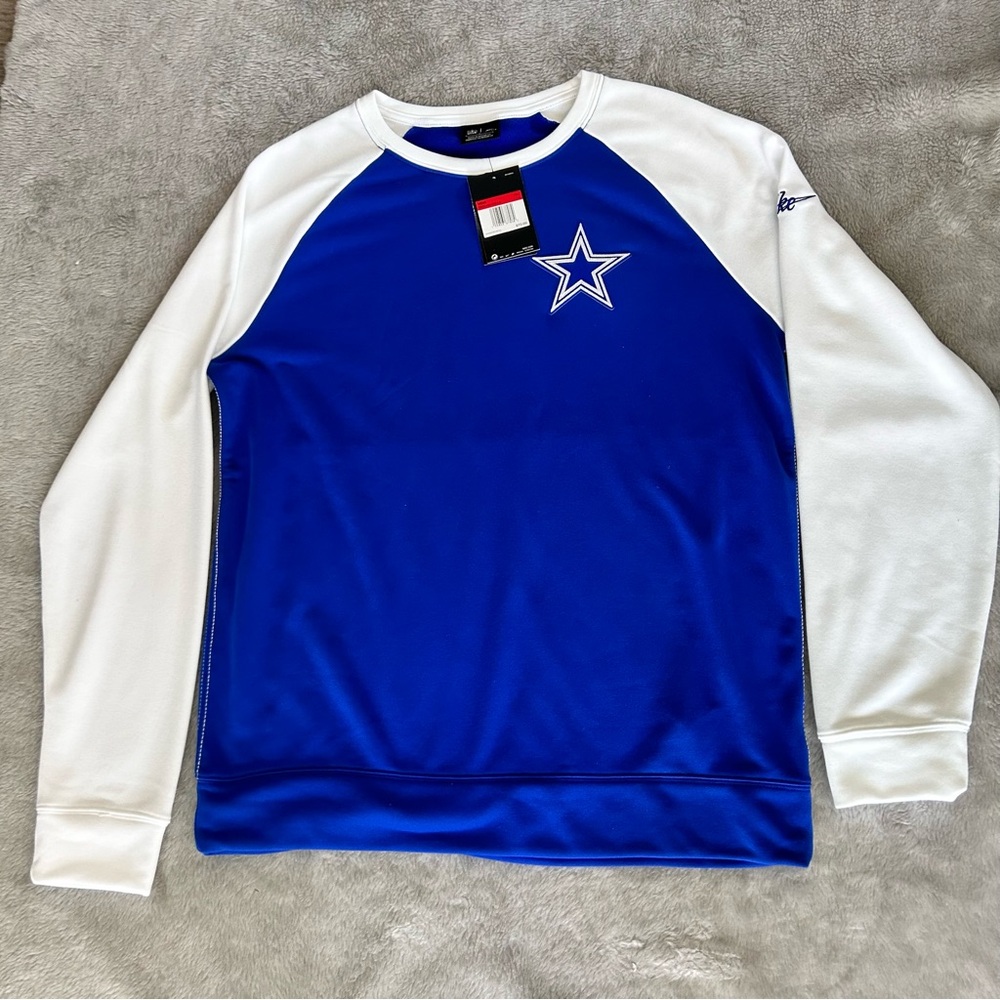 NWT NIKE DALLAS COWBOYS WHITE/BLUE THROWBACK RAGLAN CREW SWEATSHIRT SIZE LARGE